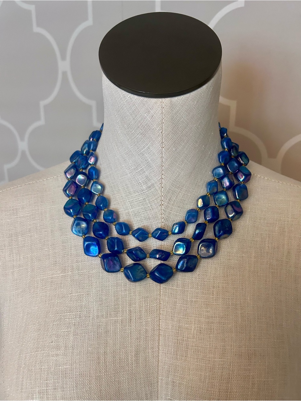 Iridescent Multi-Row Blue Glass Bead Necklace Vintage Austria